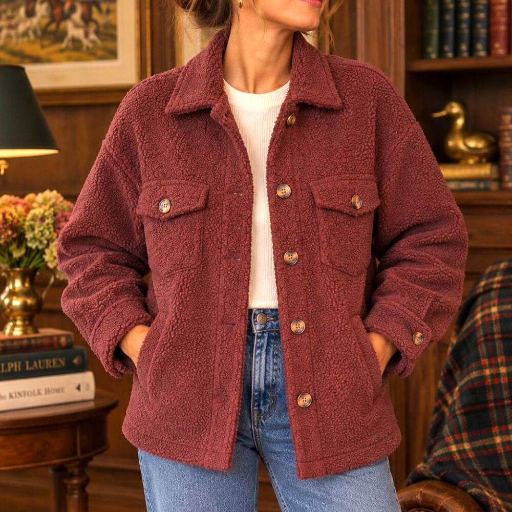 Teddy Shacket Fleece Button Up Fleece Jacket Burgundy Maroon Boucle Sherpa XL